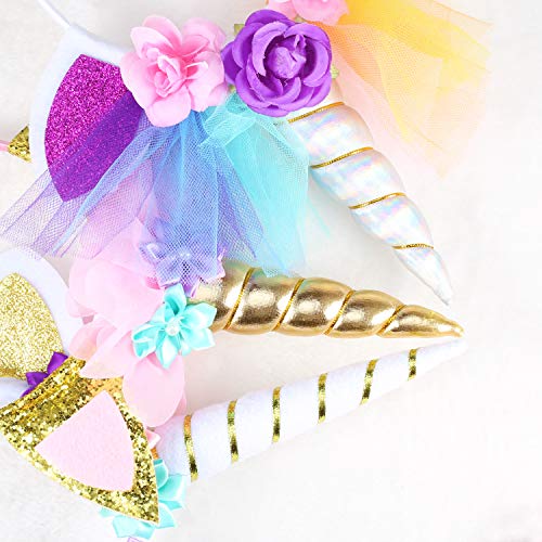 Yosemy 5 Unids Vendas del Unicornio,Oro y Plata Unicornio Perlas Florales Vendas del Pelo Aros del Pelo Fuentes del Partido Decoraciones,Cuerdas de Unicornio Cuerno Party Supplies