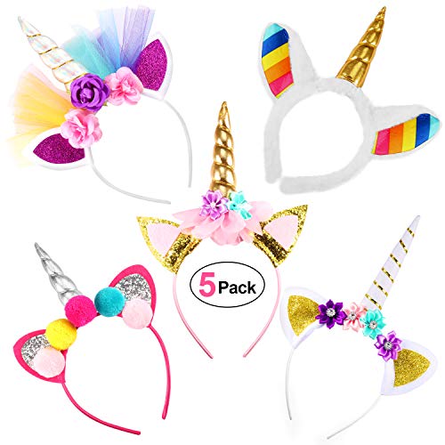 Yosemy 5 Unids Vendas del Unicornio,Oro y Plata Unicornio Perlas Florales Vendas del Pelo Aros del Pelo Fuentes del Partido Decoraciones,Cuerdas de Unicornio Cuerno Party Supplies