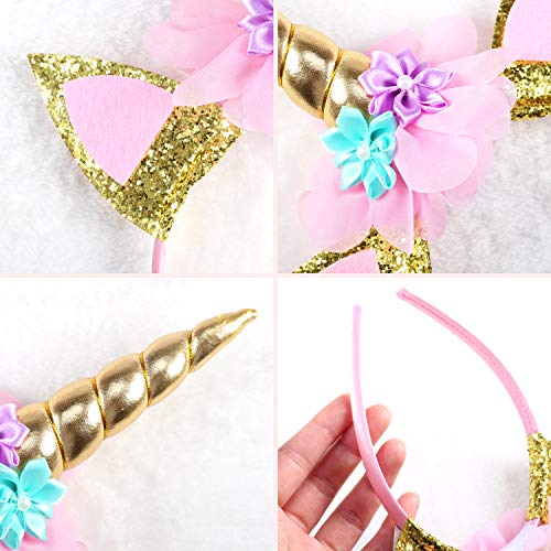Yosemy 5 Unids Vendas del Unicornio,Oro y Plata Unicornio Perlas Florales Vendas del Pelo Aros del Pelo Fuentes del Partido Decoraciones,Cuerdas de Unicornio Cuerno Party Supplies