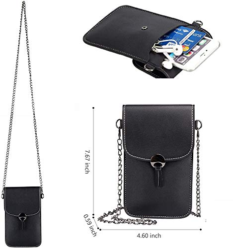 Youkii - Bolso bandolera para mujer, mini bolsillo para teléfono móvil con cadena de metal de piel sintética transparente para pantalla táctil, color negro