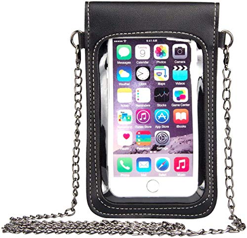Youkii - Bolso bandolera para mujer, mini bolsillo para teléfono móvil con cadena de metal de piel sintética transparente para pantalla táctil, color negro