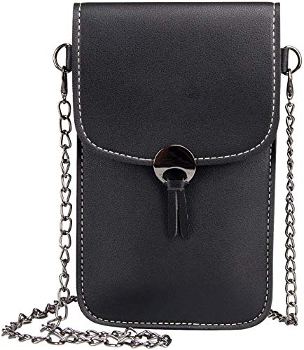 Youkii - Bolso bandolera para mujer, mini bolsillo para teléfono móvil con cadena de metal de piel sintética transparente para pantalla táctil, color negro