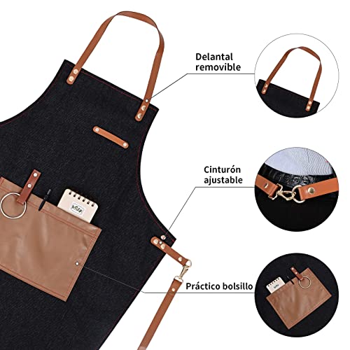 YUENA CARE Delantal de Camarero Cocinero Mandil Denim Ajustable con Bolsillo para Mujeres Hombres de Moda para Cafetería Tienda de Postres Restaurante Negro