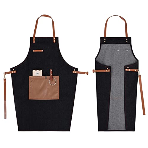 YUENA CARE Delantal de Camarero Cocinero Mandil Denim Ajustable con Bolsillo para Mujeres Hombres de Moda para Cafetería Tienda de Postres Restaurante Negro