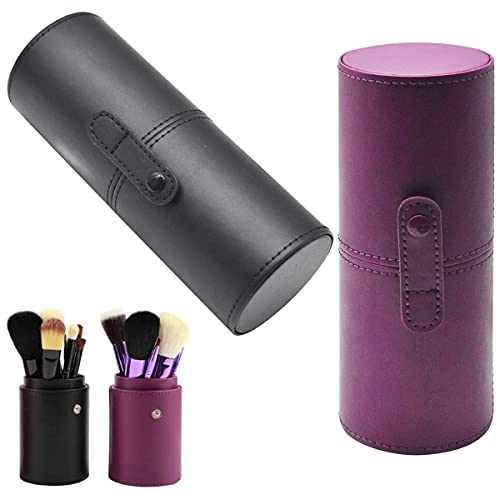 Yueser 2 Pcs Pincel de Maquillaje Titular de Cuero PU Portátil Organizador de Cosméticos para Escritorio Oficina Aula Maquillaje Soporte (Negro,Púrpura)