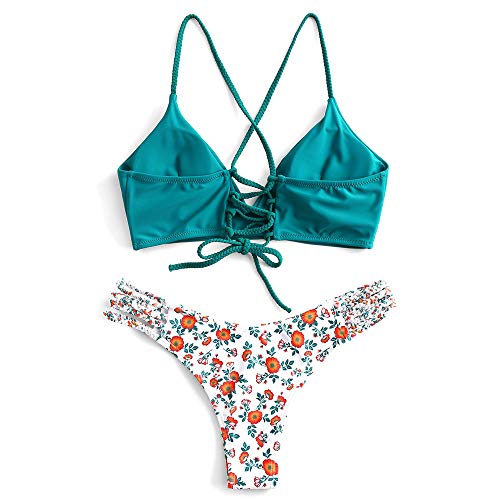 ZAFUL Conjunto de bikini para mujer trenzado, acolchado, diseño floral, verde, XL