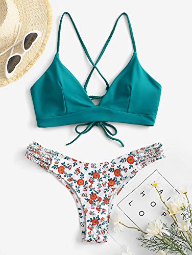 ZAFUL Conjunto de bikini para mujer trenzado, acolchado, diseño floral, verde, XL