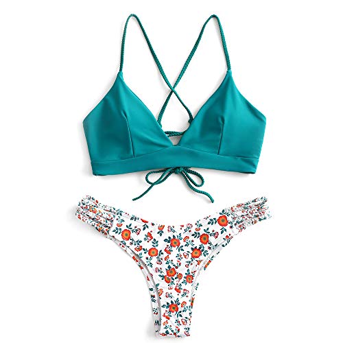 ZAFUL Conjunto de bikini para mujer trenzado, acolchado, diseño floral, verde, XL