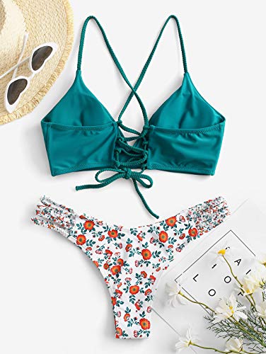 ZAFUL Conjunto de bikini para mujer trenzado, acolchado, diseño floral, verde, XL