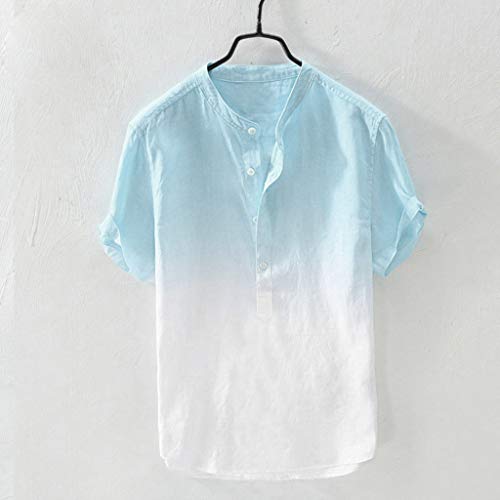 ZODOF Camisa Hawaiana con Estampado de Lino y algodón de Manga Corta étnica para Hombre Moda Suelta Blusa con Cuello Vuelto de Playa Simple Summer Street Tops Camiseta