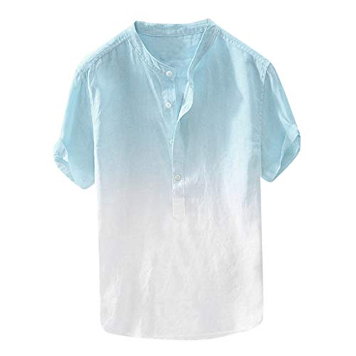 ZODOF Camisa Hawaiana con Estampado de Lino y algodón de Manga Corta étnica para Hombre Moda Suelta Blusa con Cuello Vuelto de Playa Simple Summer Street Tops Camiseta