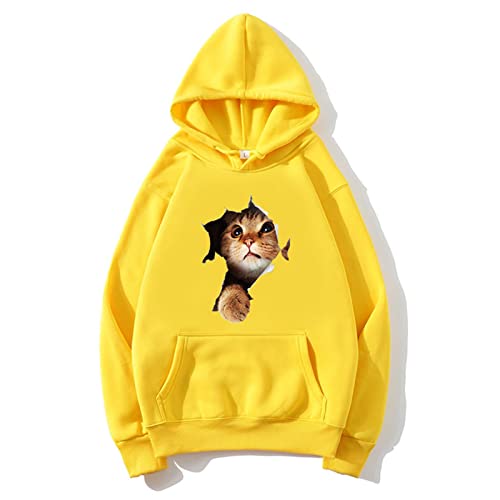 ZQD Unisex Linda Gato con Capucha, Camisetas de Manga Larga de Manga Larga for Hombre/for Mujer/for Mujer - con Bolsillo (Color : Amarillo, Size : S)