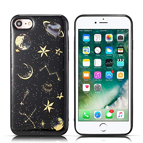 ZTOFERA Funda trasera para iPhone 7/8, Glitter Stars & Planets Patrón Suave TPU Caso, Light-wight Delgado Protector Parachoques Cubierta Para Iphone 7/8 - Negro