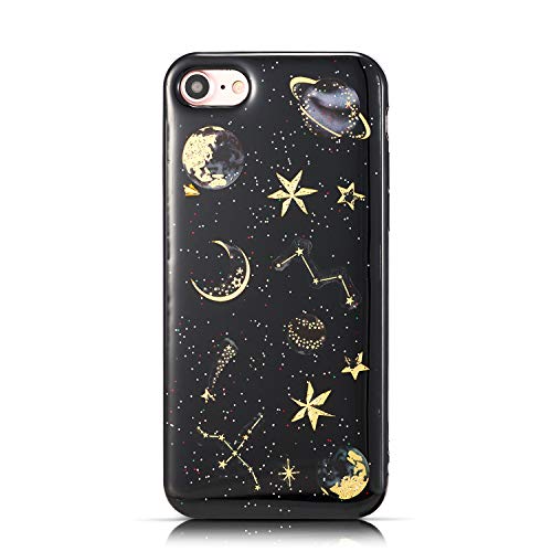 ZTOFERA Funda trasera para iPhone 7/8, Glitter Stars & Planets Patrón Suave TPU Caso, Light-wight Delgado Protector Parachoques Cubierta Para Iphone 7/8 - Negro