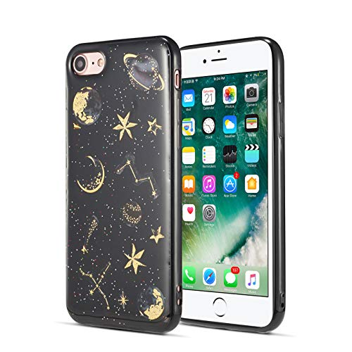 ZTOFERA Funda trasera para iPhone 7/8, Glitter Stars & Planets Patrón Suave TPU Caso, Light-wight Delgado Protector Parachoques Cubierta Para Iphone 7/8 - Negro
