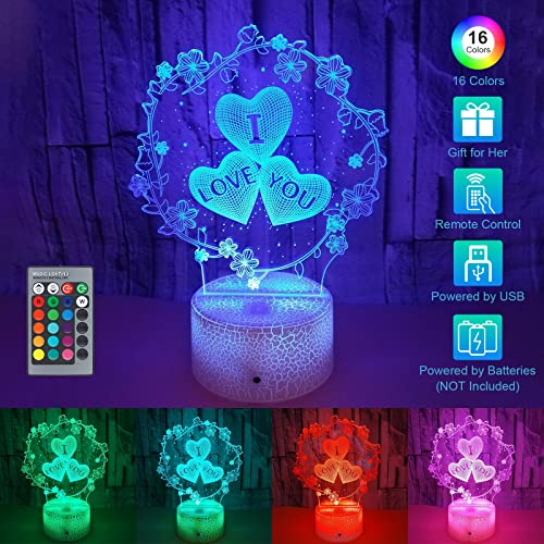 ZWOOS Lámpara 3D, Luz Ambiental para San Valentín, Luz Nocturna alimentada por Baterías o USB, 16 Colores, Regulable, Regalo para Ella, Cumpleaños, Propuesta