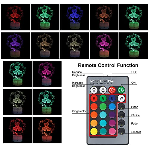 ZWOOS Lámpara 3D, Luz Ambiental para San Valentín, Luz Nocturna alimentada por Baterías o USB, 16 Colores, Regulable, Regalo para Ella, Cumpleaños, Propuesta
