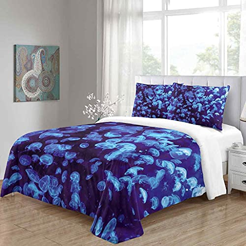 ZXCIDK Juego De Funda De Edredón, Ropa De Cama para Niños 3 Piezas Medusas del Océano Azul Funda Nórdica Microfibra Juego De Cama Cremallera Funda De Almohada (Cama 90 - 135X200Cm)