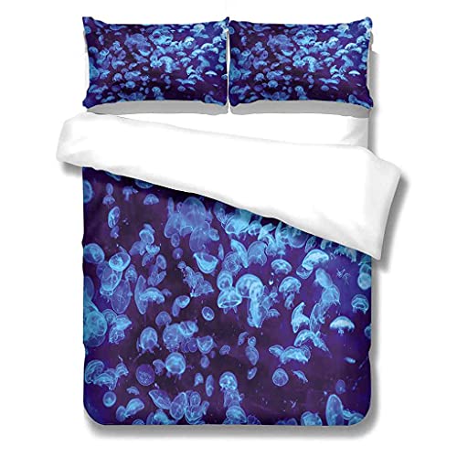 ZXCIDK Juego De Funda De Edredón, Ropa De Cama para Niños 3 Piezas Medusas del Océano Azul Funda Nórdica Microfibra Juego De Cama Cremallera Funda De Almohada (Cama 90 - 135X200Cm)