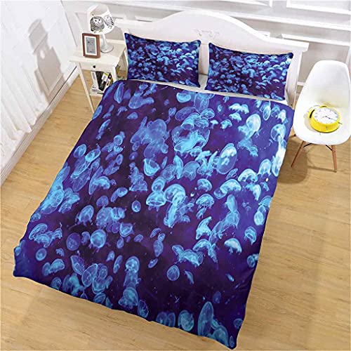 ZXCIDK Juego De Funda De Edredón, Ropa De Cama para Niños 3 Piezas Medusas del Océano Azul Funda Nórdica Microfibra Juego De Cama Cremallera Funda De Almohada (Cama 90 - 135X200Cm)