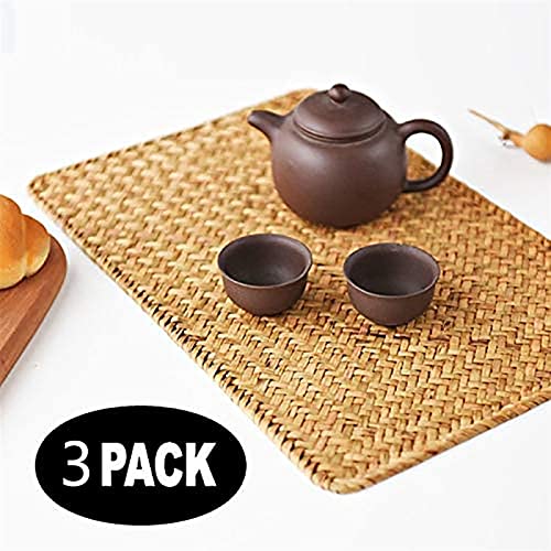 ZXJTX Placemat Redondo Paquete DE 3 PUERTAMIENTO Natural DE PLASE DE PLASE 17.7InCH X 12InCH Placems de ratán Rectangular Tejido a Mano Inicio, Dormitorio, Restaurante
