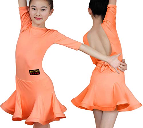 ZYLL Trajes de Baile Latino de los niños del Vestido de Las Muchachas de Baile Latino práctica de Ropa para niños Trajes de Actuación Competición de Bailes Latinos,Naranja,140CM