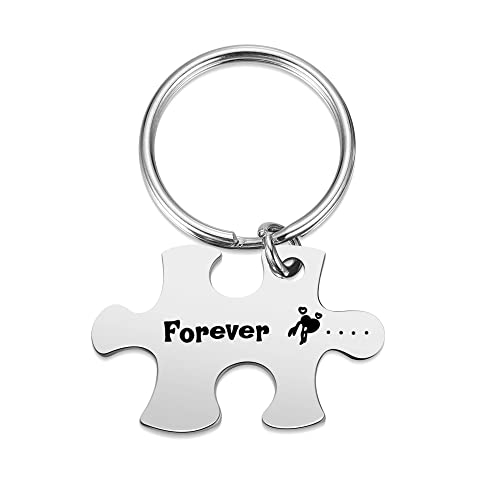 Zysta Juego de 2 llaveros unisex para parejas, de acero inoxidable grabado Forever Together con forma de corazón con un rompecabezas, regalo para él y ella, plateado, 25mm, Llavero
