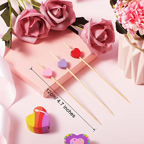 100 Piezas de Palillos para Cócteles Palillos de Frutas de Corazón de Rosa Rojo Púrpura Palillos para Apertitivos Brochetas de Cóctel de Bambú Largas para San Valentín Fiesta