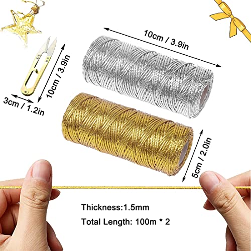 2 Piezas Cordon Dorado Cordón, 200M, Cuerdas Hilos Abalorios, Cordón Metálico Dorado, Cordón Metálico, Con Tijeras Pequeñas, Para Envoltorios Regalos, Etiquetado, Cuentas Bricolaje