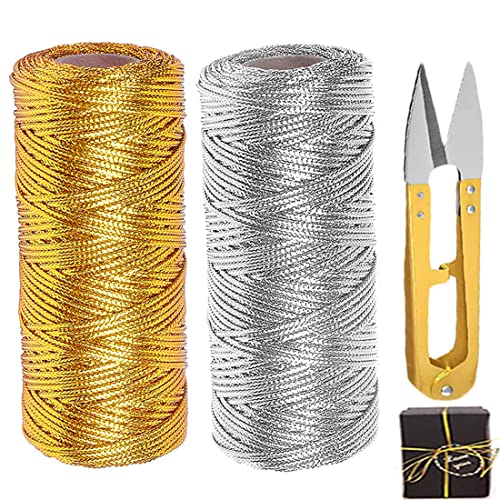 2 Piezas Cordon Dorado Cordón, 200M, Cuerdas Hilos Abalorios, Cordón Metálico Dorado, Cordón Metálico, Con Tijeras Pequeñas, Para Envoltorios Regalos, Etiquetado, Cuentas Bricolaje