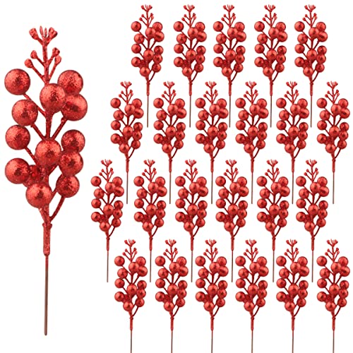 24 Piezas Decoración de Bayas Rojas Brillantes,Palillos de Bayas Rojas Artificiales Ramas de Bayas Rojas de Acebo Tallos de Bayas de Navidad para decoración de Invierno de árbol de Navidad