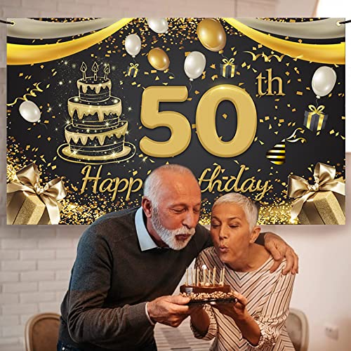 50 Años Decoración de Fiesta de Cumpleaños de Oro Negro, 50 Pancarta Feliz Cumpleaños para 50 Aniversario Feliz Cumpleaños Pancarta Suministros de Fiesta de 50 Cumpleaños