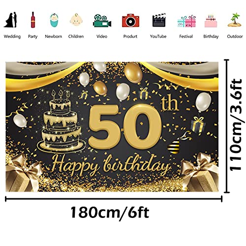 50 Años Decoración de Fiesta de Cumpleaños de Oro Negro, 50 Pancarta Feliz Cumpleaños para 50 Aniversario Feliz Cumpleaños Pancarta Suministros de Fiesta de 50 Cumpleaños