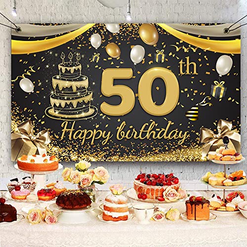 50 Años Decoración de Fiesta de Cumpleaños de Oro Negro, 50 Pancarta Feliz Cumpleaños para 50 Aniversario Feliz Cumpleaños Pancarta Suministros de Fiesta de 50 Cumpleaños
