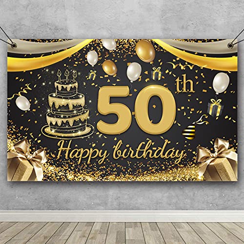 50 Años Decoración de Fiesta de Cumpleaños de Oro Negro, 50 Pancarta Feliz Cumpleaños para 50 Aniversario Feliz Cumpleaños Pancarta Suministros de Fiesta de 50 Cumpleaños