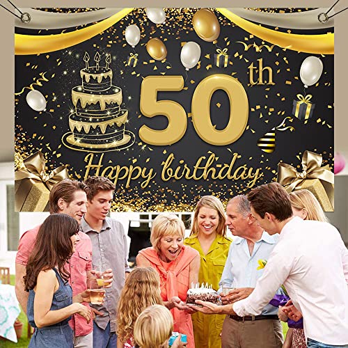 50 Años Decoración de Fiesta de Cumpleaños de Oro Negro, 50 Pancarta Feliz Cumpleaños para 50 Aniversario Feliz Cumpleaños Pancarta Suministros de Fiesta de 50 Cumpleaños