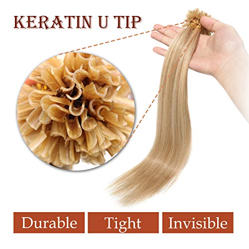 50cm - Silk-co Extensiones de Queratina de Pelo Natural 0.5g *100 Mechas U Tip Keratina Hair Extensions Remy Human Hair - 18P613# Rubio Ceniza y Rubia Dorado