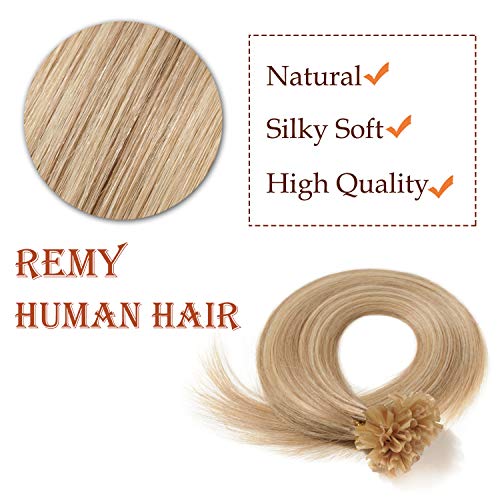 50cm - Silk-co Extensiones de Queratina de Pelo Natural 0.5g *100 Mechas U Tip Keratina Hair Extensions Remy Human Hair - 18P613# Rubio Ceniza y Rubia Dorado