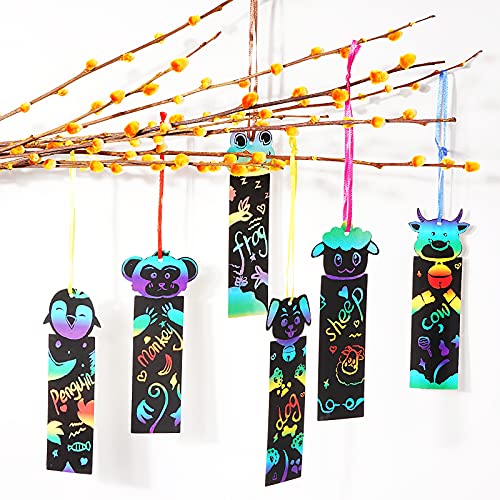 50pcs Papel de Rascar Papel Scratch Art Manualidades Creativas Dibujar de Rascar con Lápices de Madera Cuerda Colores Papel de Marcador de Libros Animales para Niños Infatiles