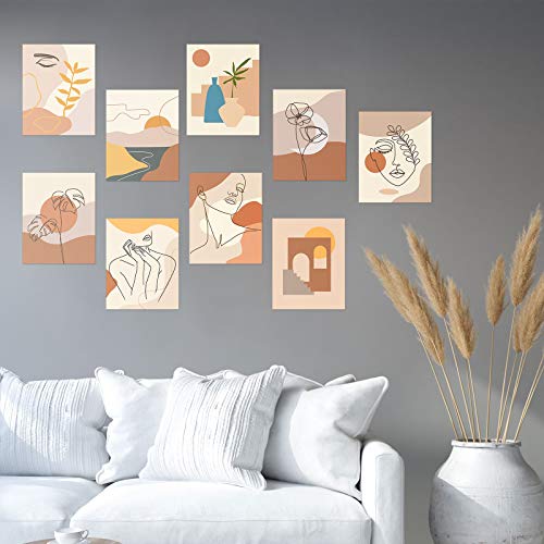 9 Impresiones de Arte de Pared de Línea Minimalista Carteles de Arte Estético Moderno Abstracto Impresión de Pared de Dibujo Geométrico de Paisaje de Cara de Mujer sin Marco, 8 x 10 Pulgadas
