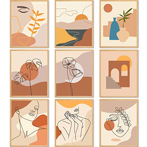 9 Impresiones de Arte de Pared de Línea Minimalista Carteles de Arte Estético Moderno Abstracto Impresión de Pared de Dibujo Geométrico de Paisaje de Cara de Mujer sin Marco, 8 x 10 Pulgadas
