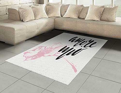 ABAKUHAUS Decir Amore Alfombra de Área, Amore Mio con la Flor, Tejida Acento Decorativo para Sala de Estar o Dormitorio, 160 x 230 cm, Rosa pálido Gris carbón