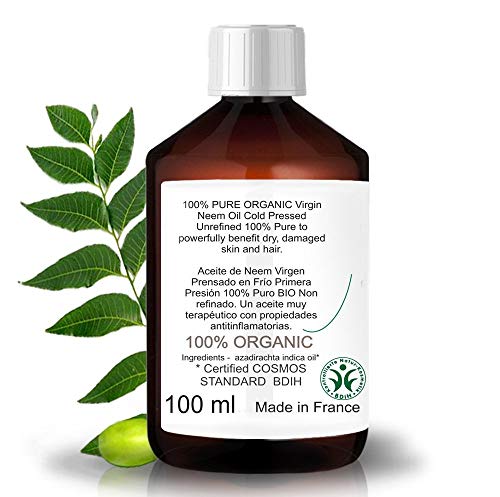 Aceite de Neem Virgen 100% Puro. Aceite Vegetal Prensado en Frío. Sin Refinar. Certificado BIO. Aceite especial para el Cabello, Piel, Plantas & Mascotas. Vegano. No probado en animales - 100 ml