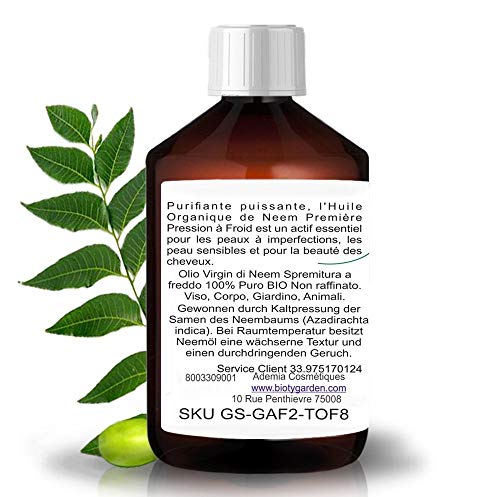 Aceite de Neem Virgen 100% Puro. Aceite Vegetal Prensado en Frío. Sin Refinar. Certificado BIO. Aceite especial para el Cabello, Piel, Plantas & Mascotas. Vegano. No probado en animales - 100 ml