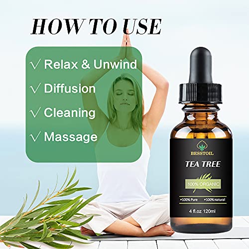 Aceite esencial de árbol de té 100% orgánico puro y sin diluir, uñas faciales, cabello y difusor, tratamiento para el acné (120ml)