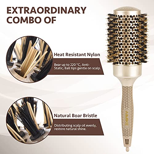 AIMIKE Cepillo redondo para mujer, Cepillo de pelo de cerámica nano térmica y tecnología iónica, Cepillo redondo pequeño con cerdas de jabalí, Cepillo de rodillo profesional