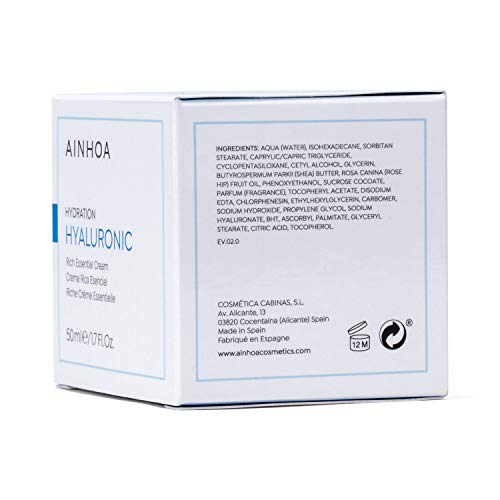 AINHOA Cosmetics - HYALURONIC Crema Rica Esencial 50 ml – Tratamiento Facial Hidratante Intensivo con Ácido Hialurónico para Mujer/Hombre - Piel Seca – Día/Noche- Calidad Profesional
