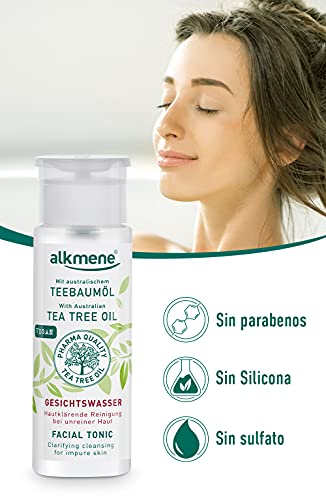 alkmene Agua micelar con aceite de árbol de té - Tónico facial para pieles con imperfecciones - desmaquillante anti espinillas, manchas y rojeces - limpiador facial vegano 2x 150 ml