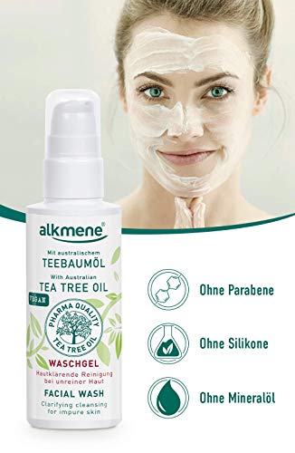 alkmene Set de cuidado con aceite de árbol de té para pieles con impurezas - crema facial, gel de limpiador y parches SOS anti granos - set vegano sin siliconas ni parabenos