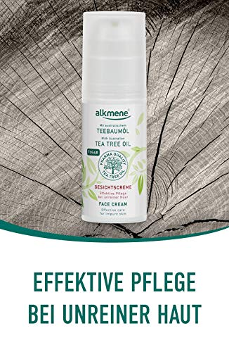 alkmene Set de cuidado con aceite de árbol de té para pieles con impurezas - crema facial, gel de limpiador y parches SOS anti granos - set vegano sin siliconas ni parabenos